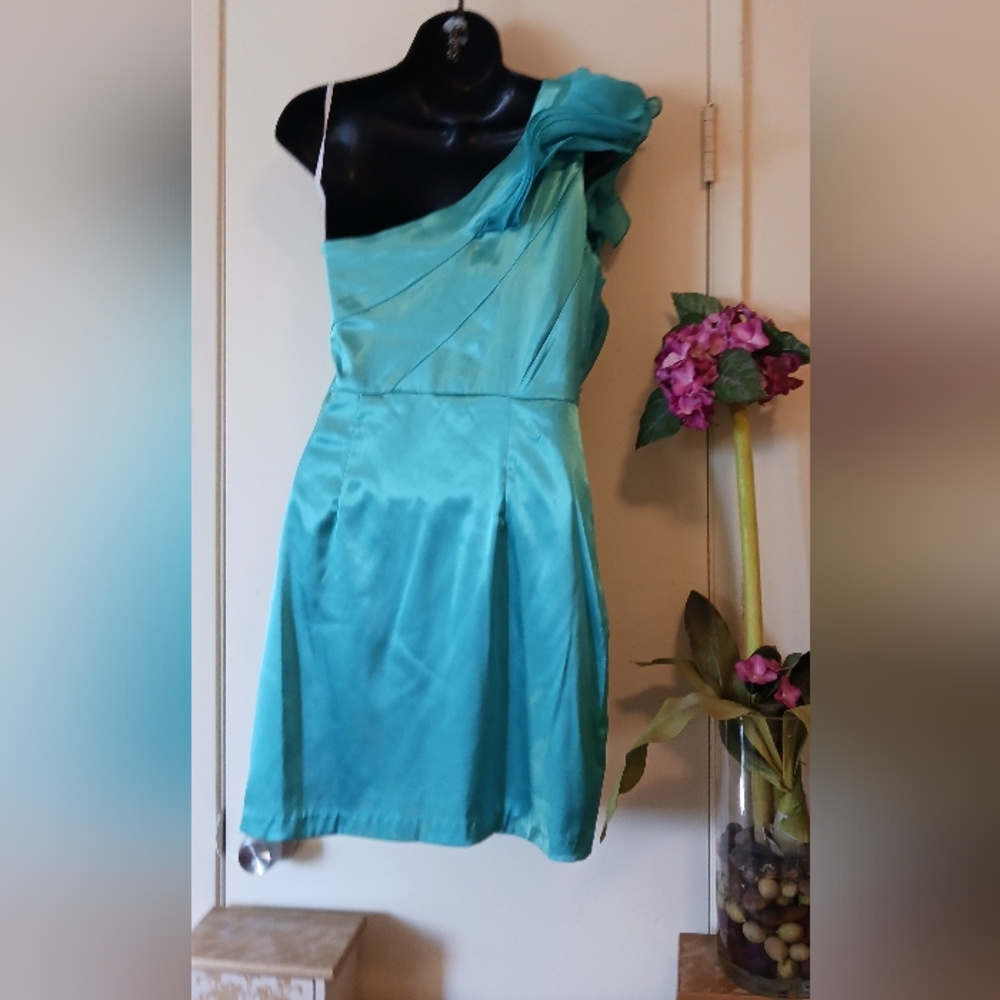 B.DARLIN evening short dress original 90's chiffon and Satin aqua blue sz. S-M - Picture 6 of 10